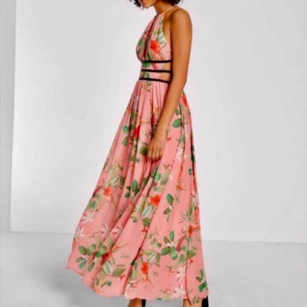 Express Pink Floral Halter Maxi Dress with Black Waist Straps